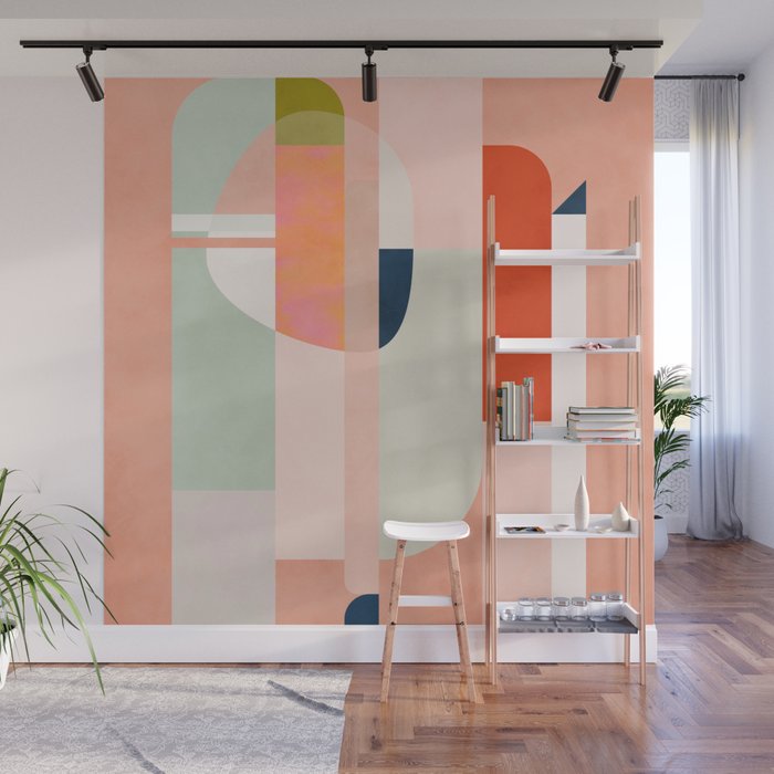 shapes modern mid-century peach pink coral mint Wall Mural