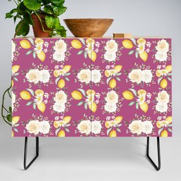 Lemons and White Flowers Pattern On Magenta Background Credenza