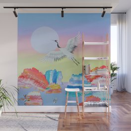 In Flight  - Crane in Sunset Landscape - acrylic on canvas Wall Mural