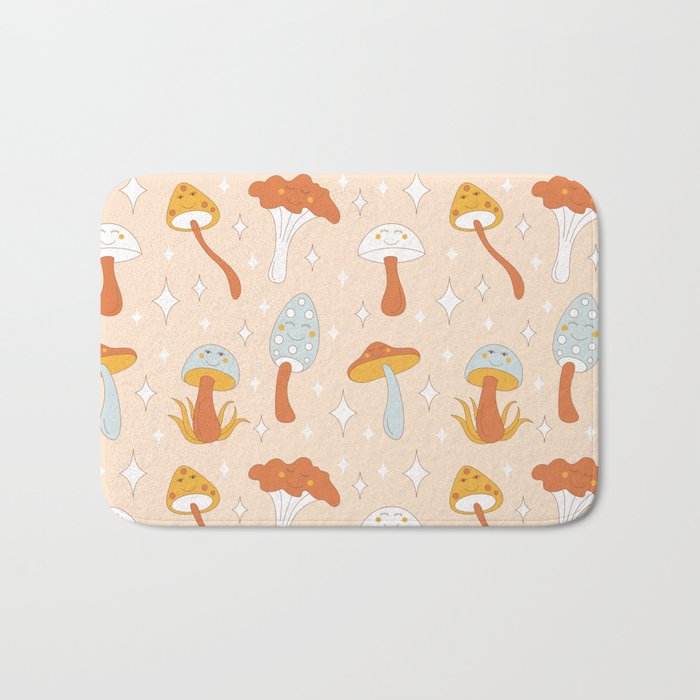 Retro mushrooms with smiles and sparkles. Seamless pattern.  Bath Mat