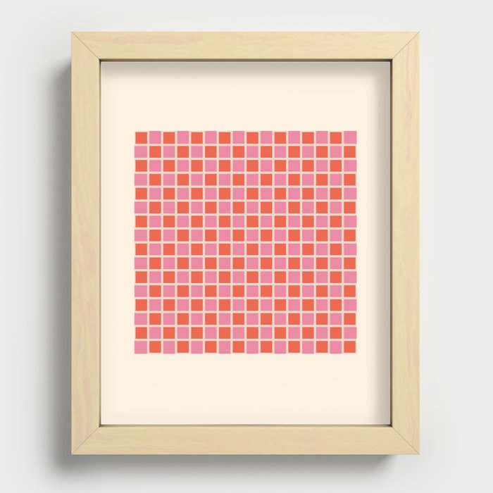 Retro Check Thick Grid Pattern Bright Pink Orange Cream Recessed Framed Print