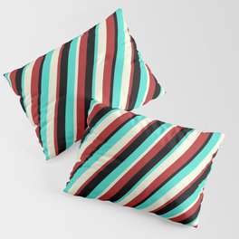 [ Thumbnail: Turquoise, Beige, Red & Black Colored Pattern of Stripes Pillow Sham ]