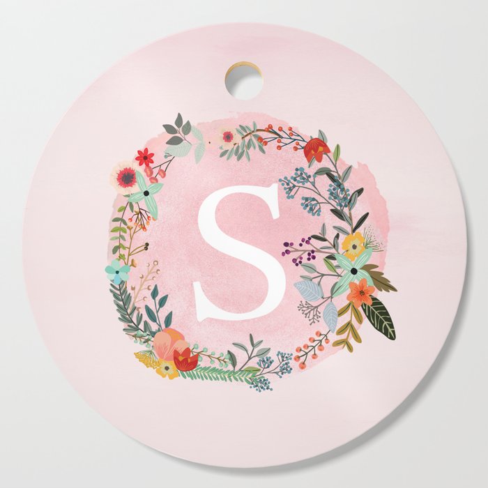 Flower Wreath with Personalized Monogram Initial Letter S on Pink Watercolor Paper Texture Artwork Cutting Board