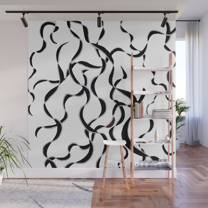 Ribbons of B & W & Silver Strand Abstract Wall Mural