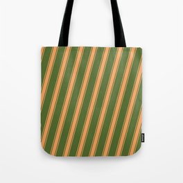 [ Thumbnail: Dark Olive Green & Brown Colored Stripes/Lines Pattern Tote Bag ]