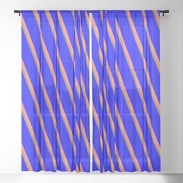 [ Thumbnail: Blue, Coral & Grey Colored Striped/Lined Pattern Sheer Curtain ]