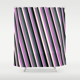 [ Thumbnail: Dark Slate Gray, Grey, Orchid, Beige & Black Colored Stripes Pattern Shower Curtain ]