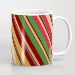 [ Thumbnail: Colorful Goldenrod, Tan, Crimson, Forest Green & Maroon Colored Striped/Lined Pattern Coffee Mug ]