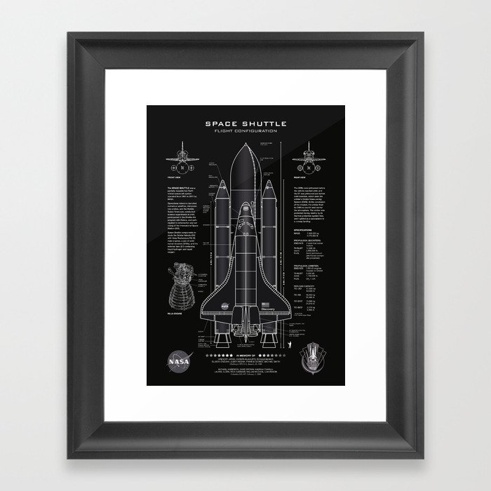 NASA Space Shuttle Blueprint in High Resolution (all black)  Framed Art Print