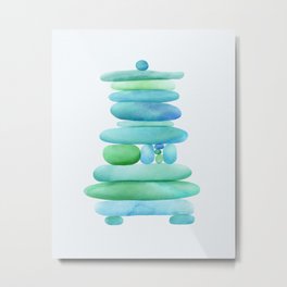 Sea Glass Cairn Watercolor - Teal and Blue Metal Print | Stack, Watercolor, Painting, Rock, Blue, Sculpture, Illustration, Coastal, Beach, Green 