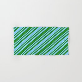[ Thumbnail: Light Sky Blue and Forest Green Colored Lines/Stripes Pattern Hand & Bath Towel ]