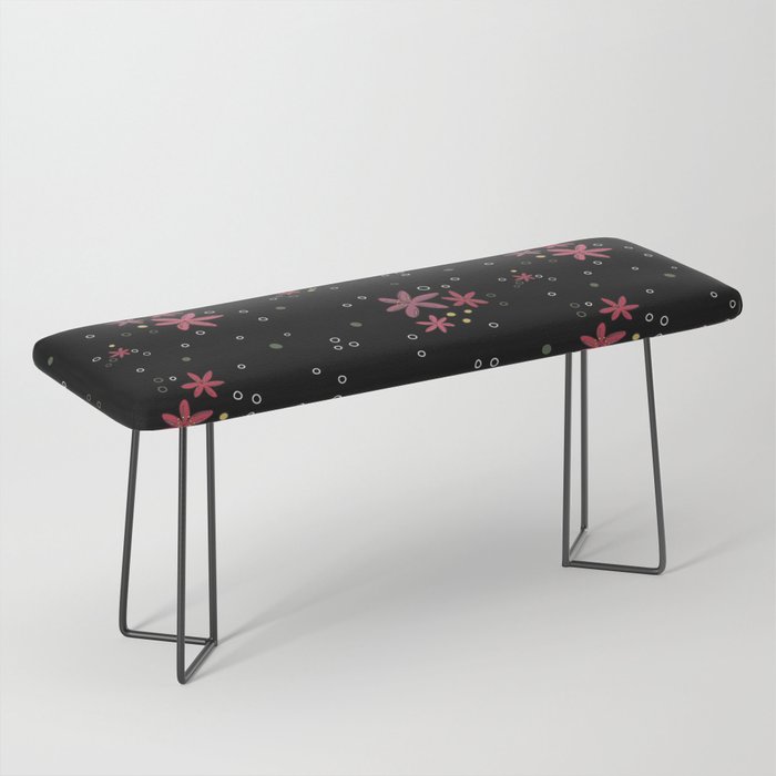 Pink flowers and dots pattern on black background Bench