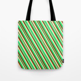 [ Thumbnail: Green, Brown & Beige Colored Lined/Striped Pattern Tote Bag ]