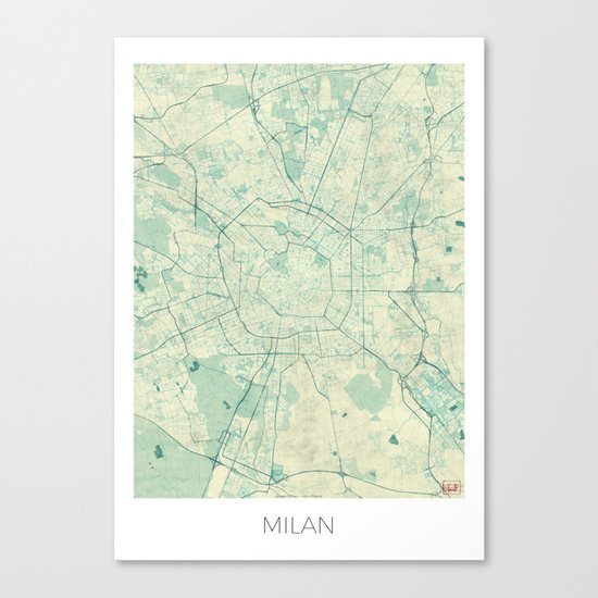 Milan Map Blue Vintage Canvas Print