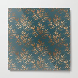Copper  Bambus Leaves  on Emerald Metal Print