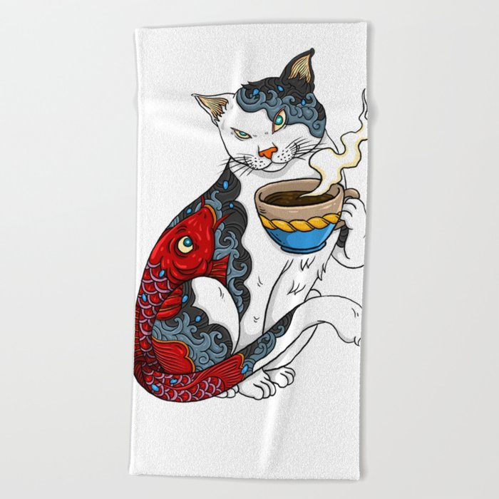 Cat Drinking Coffee With Fish Tattoo - Cat & Coffee Lovers gift