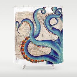 Octopus Tentacles Vintage Map Blue Shower Curtain