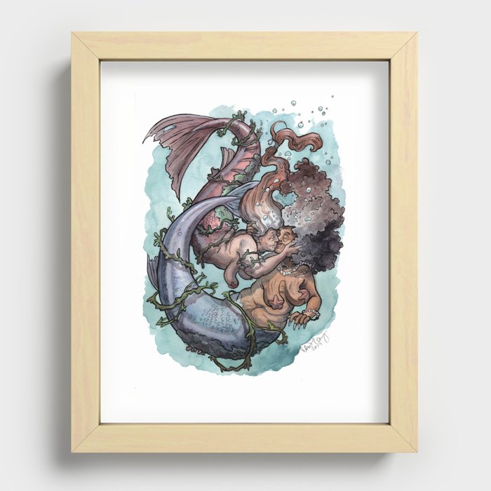 Old lady mermaids smooching Recessed Framed Print
