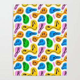 Funny melting smiling happy face colorful cartoon seamless pattern Poster