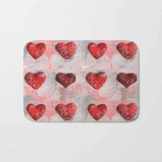 Heart Love red mixed media pattern Bath Mat