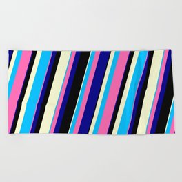 [ Thumbnail: Vibrant Deep Sky Blue, Hot Pink, Dark Blue, Black, and Light Yellow Colored Lines/Stripes Pattern Beach Towel ]
