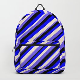 [ Thumbnail: Blue, Beige, Medium Slate Blue & Black Colored Stripes Pattern Backpack ]