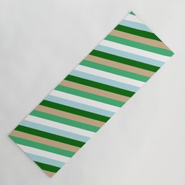 [ Thumbnail: Eye-catching Tan, Sea Green, White, Powder Blue, and Dark Green Colored Pattern of Stripes Yoga Mat ]