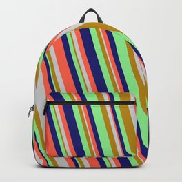 [ Thumbnail: Midnight Blue, Red, Light Grey, Dark Goldenrod & Light Green Colored Lined/Striped Pattern Backpack ]