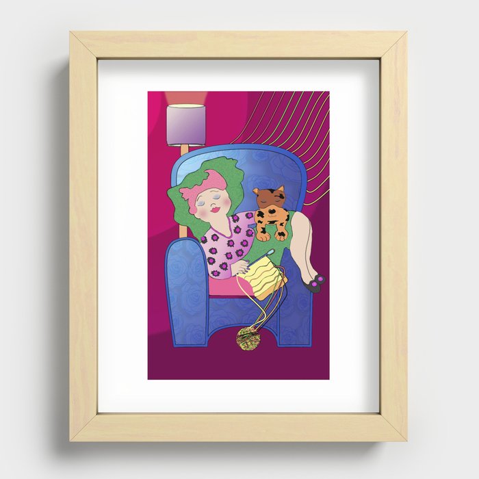 Knitting Mama on Blue Couch with Puppy Recessed Framed Print