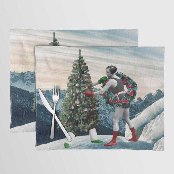 Collage Art Print of a Boxing Christmas Tree and a Female Boxer "Deck Those Halls" Placemat