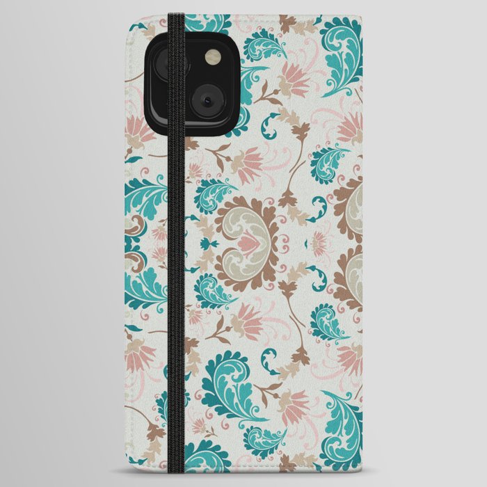 teal green and ecru bold paisley flower bohemian iPhone Wallet Case