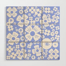 Modern Retro Light Denim Blue and White Daisy Flowers Wood Wall Art