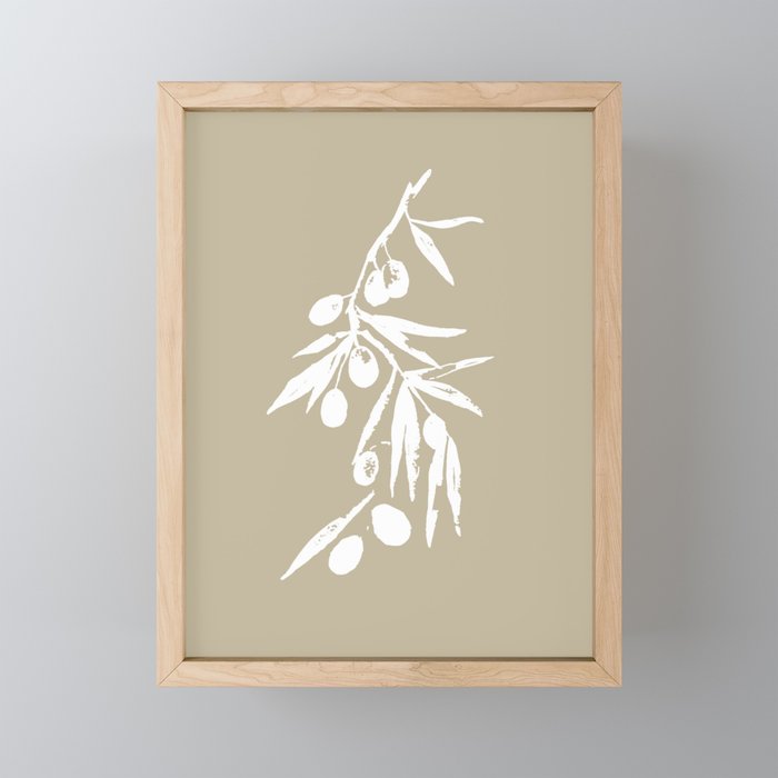 Olive Branch-white on beige background Framed Mini Art Print
