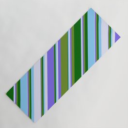 [ Thumbnail: Vibrant Medium Slate Blue, Green, Dark Green, Light Sky Blue & Lavender Colored Stripes Pattern Yoga Mat ]