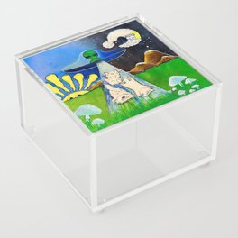 Alien abduction kitty cat trippy psychedelic sun and moon cartoon Acrylic Box