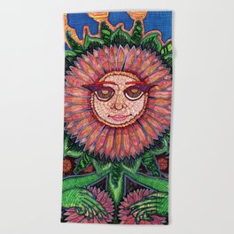 Demure Sunflower Beach Towel | Pen, Nakedflower, Flower, Marker, Paintpen, Ink Pen, Psychedelicart, Paper, Ink, Drawing 