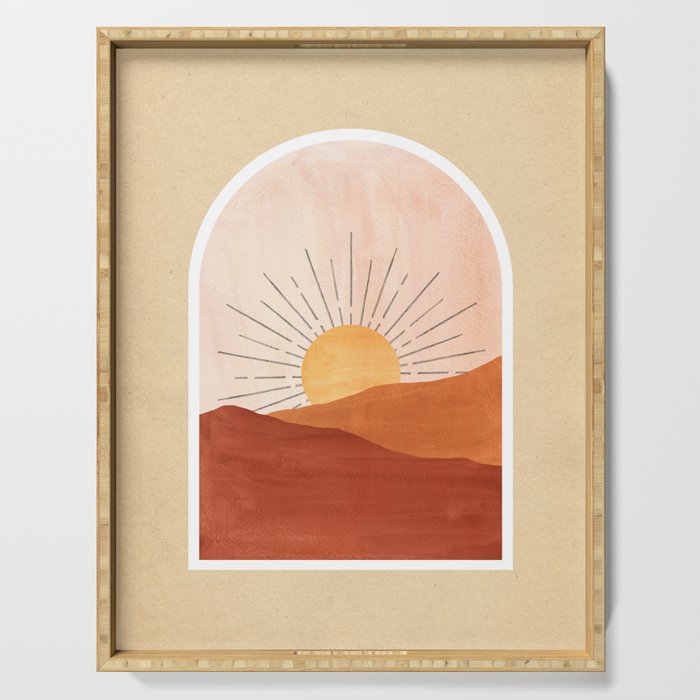 Abstract boho landscape, terracotta dunes and sun Serving Tray