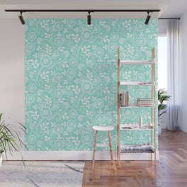 Seafoam And White Eastern Floral Pattern Wall Mural