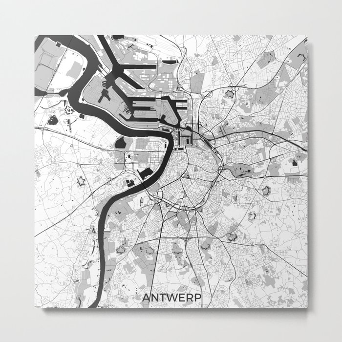 Antwerp Map Gray Metal Print