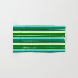 [ Thumbnail: Aquamarine, Teal, Pale Goldenrod, and Green Colored Striped Pattern Hand & Bath Towel ]