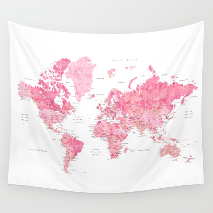 Pink detailed watercolor world map with cities Azalea Wall Tapestry