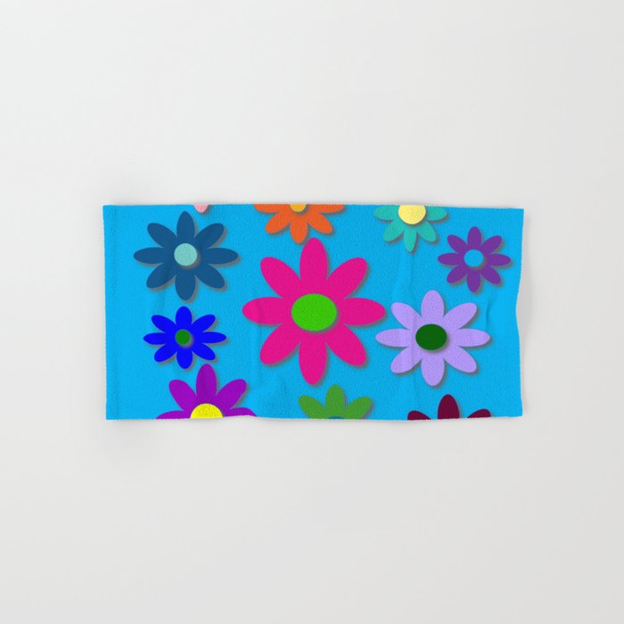 Flower Power - Blue Background - Fun Flowers - 60's Hippie Style Hand & Bath Towel