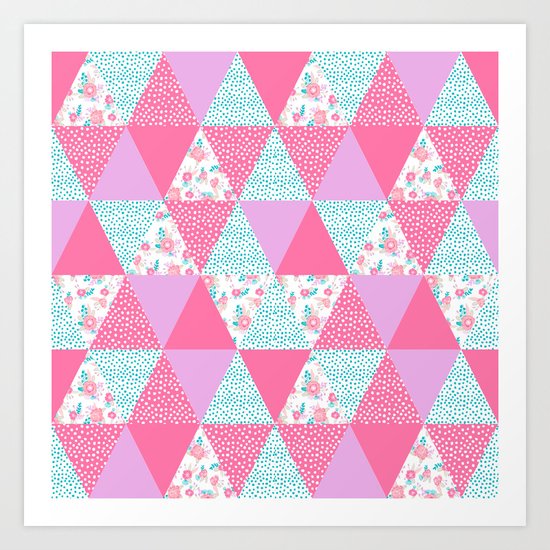 Bright quilt triangle cheater quilt pattern florals modern color palette gifts for nursery Art Print