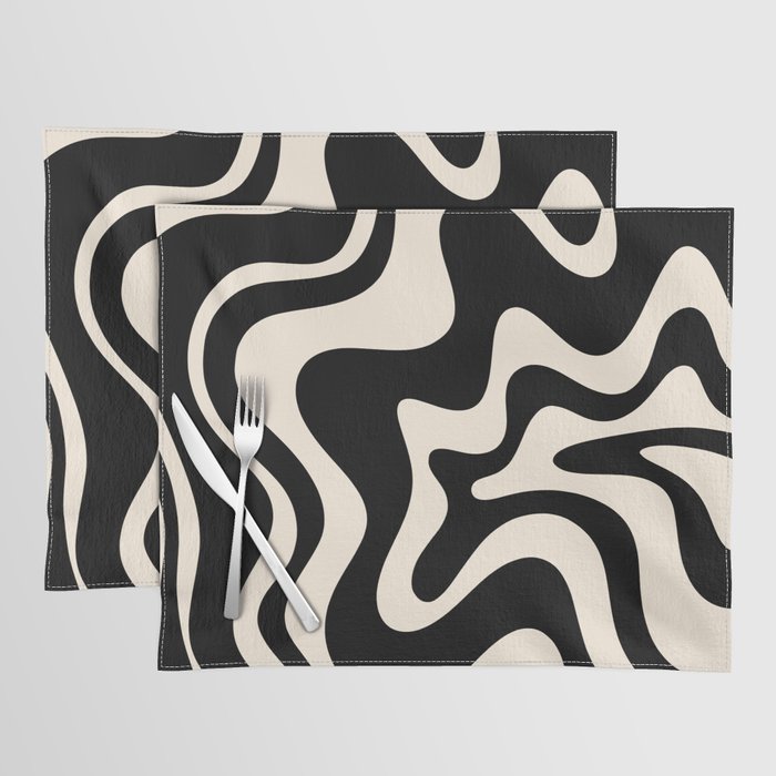 Retro Liquid Swirl Abstract in Black and Almond Cream  Placemat