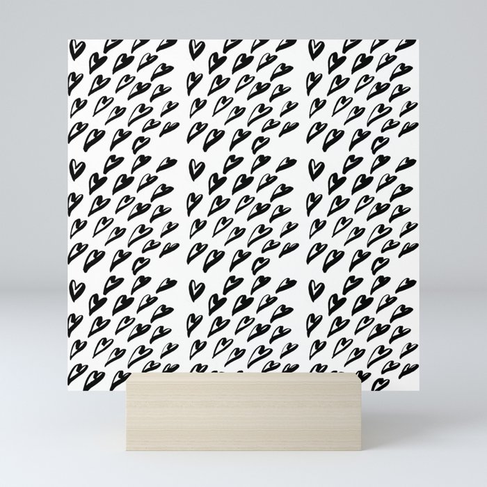 Geometric pattern with hearts - black and white Mini Art Print