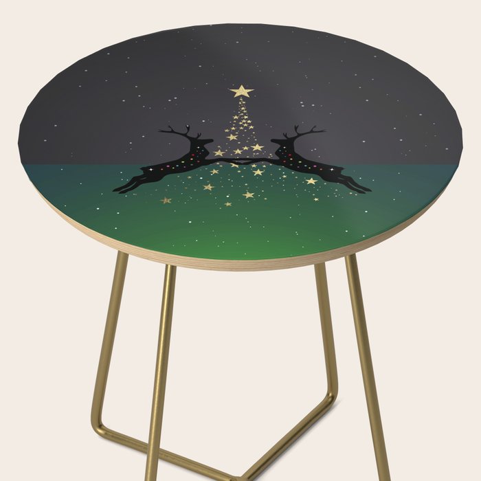 Champagne Gold Star Tree With Magical Reindeers Emerald Green Side Table By Shiho