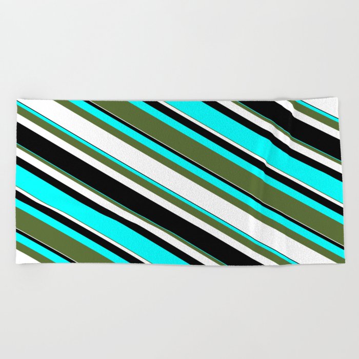 Cyan, Dark Olive Green, White, and Black Colored Lined/Striped Pattern Beach Towel
