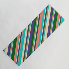 [ Thumbnail: Colorful Salmon, Dark Turquoise, Tan, Dark Slate Blue & Dark Green Colored Lines/Stripes Pattern Yoga Mat ]