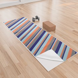 [ Thumbnail: Coral, Light Blue, Midnight Blue & Gray Colored Lines Pattern Yoga Towel ]