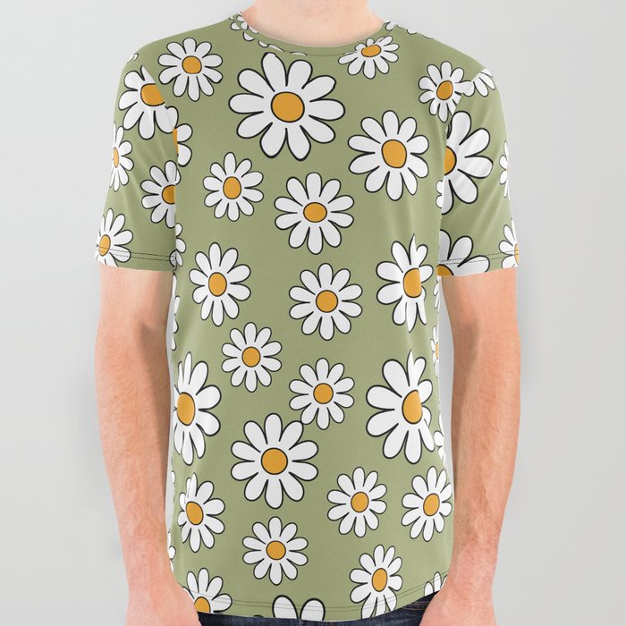 60s 70s Retro Daisy Floral Print All Over Graphic Tee